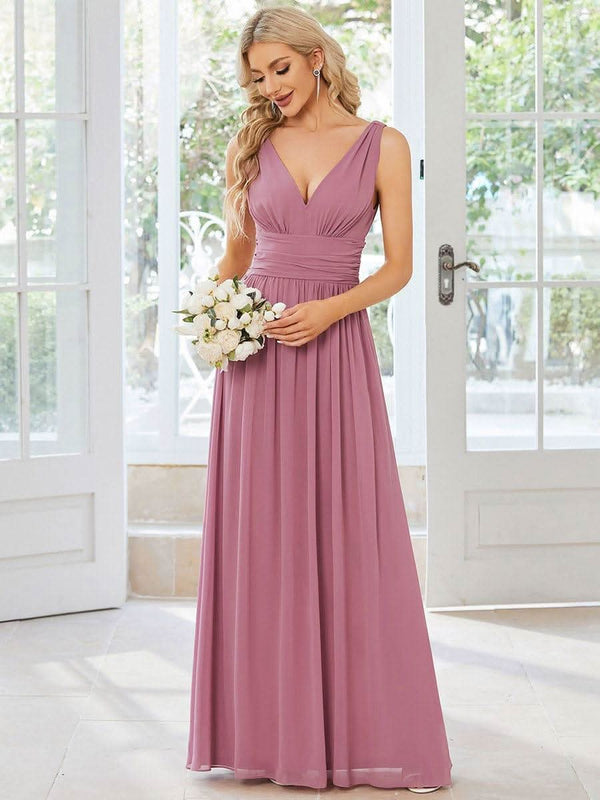 Chiffon Empire Waist Sleeveless Pleated Bridesmaid Dress #color_Dusty Blue ever HUSH|Chiffon Empire Waist Sleeveless Pleated Bridesmaid Dress