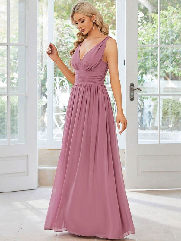 Chiffon Empire Waist Sleeveless Pleated Bridesmaid Dress #color_Dusty Blue ever HUSH|Chiffon Empire Waist Sleeveless Pleated Bridesmaid Dress