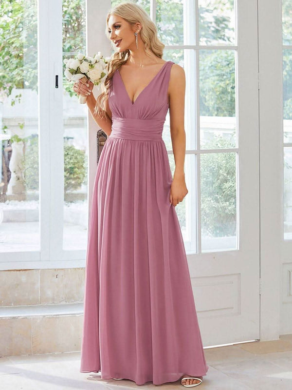 Chiffon Empire Waist Sleeveless Pleated Bridesmaid Dress #color_Dusty Blue ever HUSH|Chiffon Empire Waist Sleeveless Pleated Bridesmaid Dress