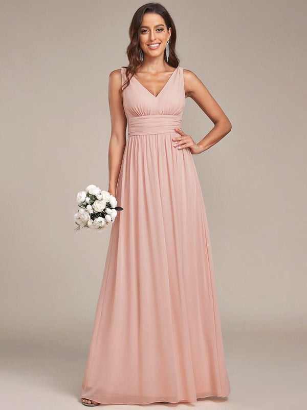 Chiffon Empire Waist Sleeveless Pleated Bridesmaid Dress #color_Dusty Blue ever HUSH|Chiffon Empire Waist Sleeveless Pleated Bridesmaid Dress