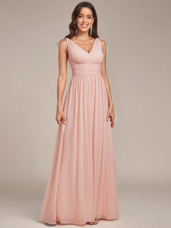 Chiffon Empire Waist Sleeveless Pleated Bridesmaid Dress #color_Dusty Blue ever HUSH|Chiffon Empire Waist Sleeveless Pleated Bridesmaid Dress