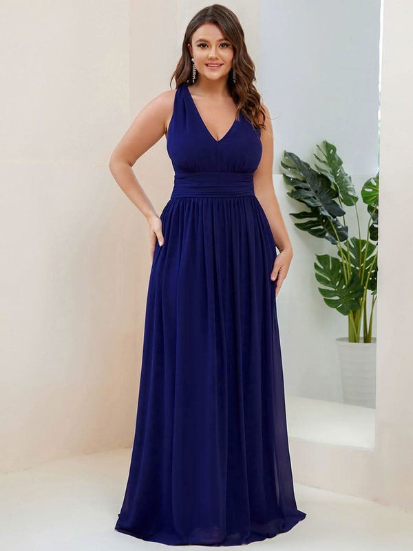 Chiffon Empire Waist Sleeveless Pleated Bridesmaid Dress #color_Dusty Blue ever HUSH|Chiffon Empire Waist Sleeveless Pleated Bridesmaid Dress