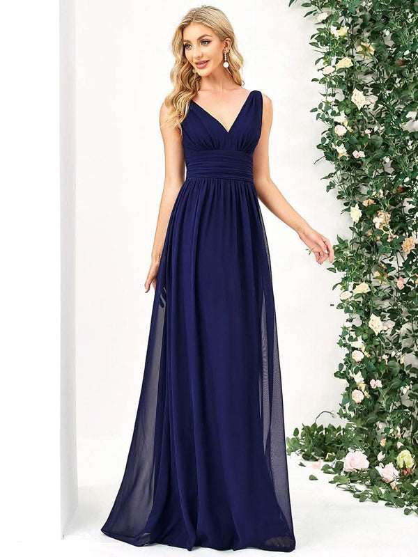 Chiffon Empire Waist Sleeveless Pleated Bridesmaid Dress #color_Dusty Blue ever HUSH|Chiffon Empire Waist Sleeveless Pleated Bridesmaid Dress