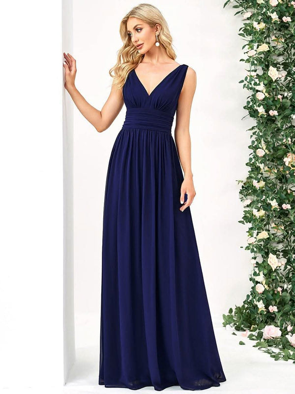 Chiffon Empire Waist Sleeveless Pleated Bridesmaid Dress #color_Dusty Blue ever HUSH|Chiffon Empire Waist Sleeveless Pleated Bridesmaid Dress