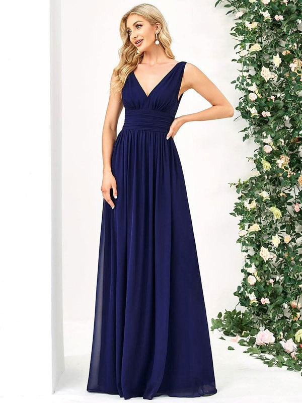 Chiffon Empire Waist Sleeveless Pleated Bridesmaid Dress #color_Dusty Blue ever HUSH|Chiffon Empire Waist Sleeveless Pleated Bridesmaid Dress
