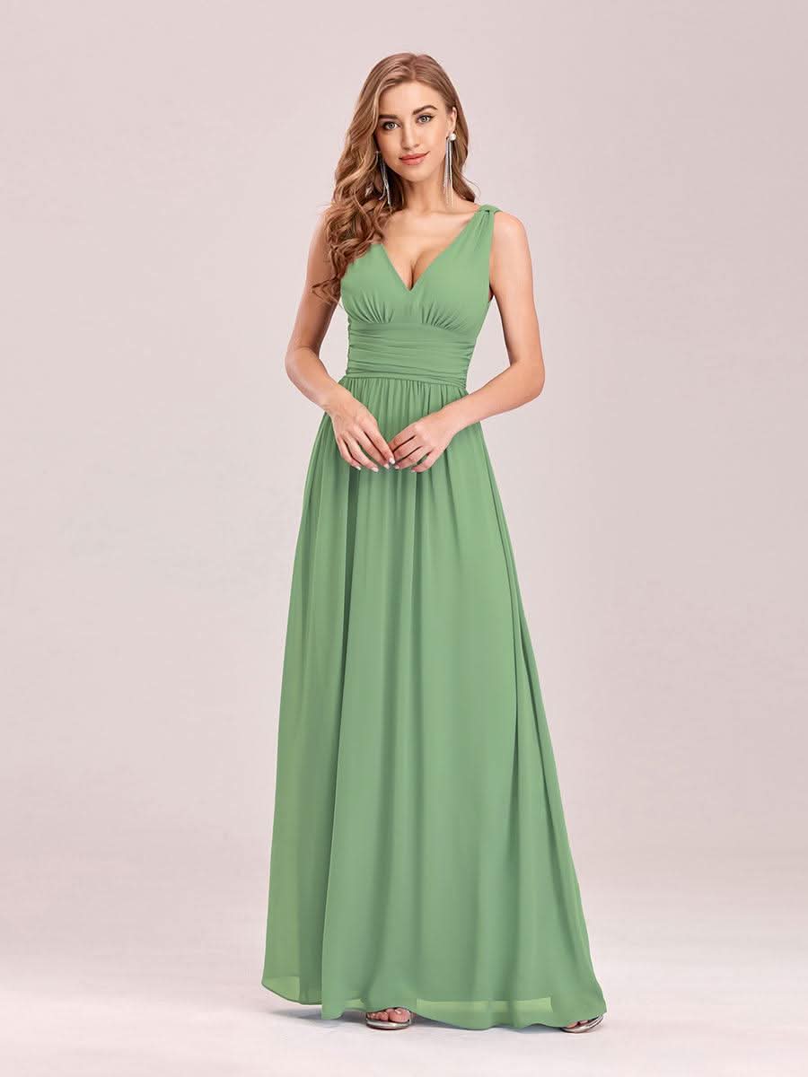 Chiffon Empire Waist Sleeveless Pleated V-neck Bridesmaid Dress #color_Sage Green