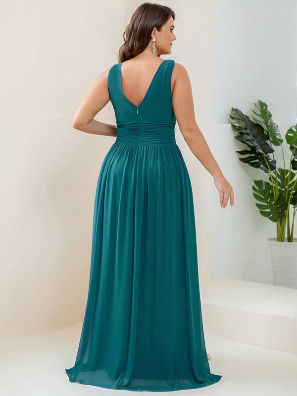 Chiffon Empire Waist Sleeveless Pleated Bridesmaid Dress #color_Dusty Blue ever HUSH|Chiffon Empire Waist Sleeveless Pleated Bridesmaid Dress