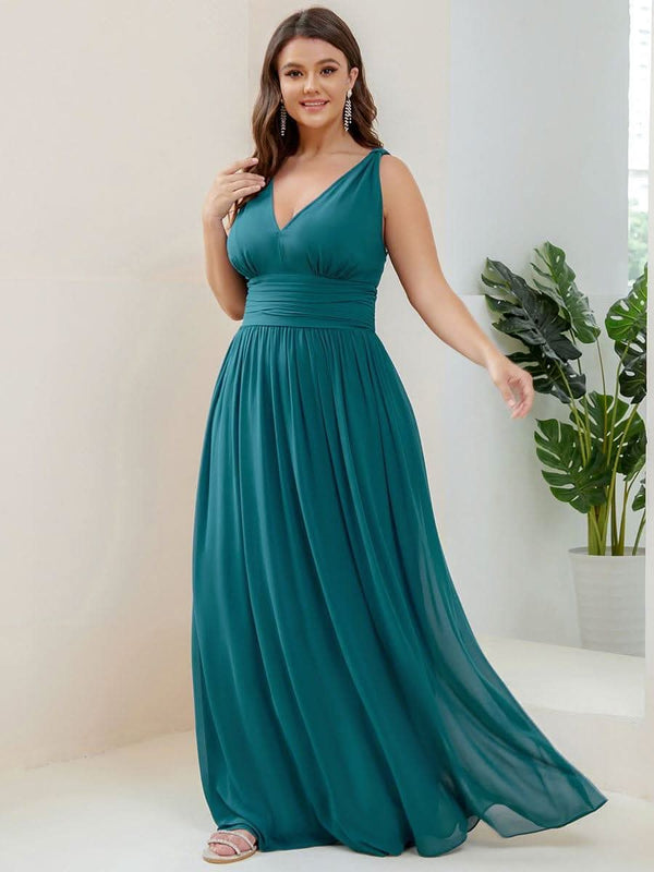Chiffon Empire Waist Sleeveless Pleated Bridesmaid Dress #color_Dusty Blue ever HUSH|Chiffon Empire Waist Sleeveless Pleated Bridesmaid Dress