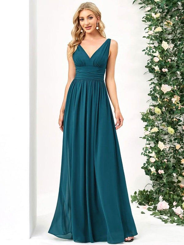 Chiffon Empire Waist Sleeveless Pleated Bridesmaid Dress #color_Dusty Blue ever HUSH|Chiffon Empire Waist Sleeveless Pleated Bridesmaid Dress