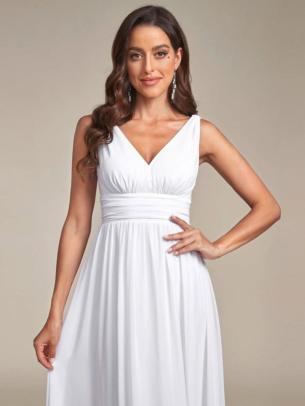 Chiffon Empire Waist Sleeveless Pleated Bridesmaid Dress #color_Dusty Blue ever HUSH|Chiffon Empire Waist Sleeveless Pleated Bridesmaid Dress