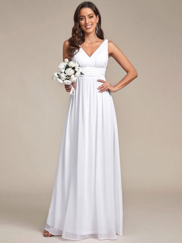 Chiffon Empire Waist Sleeveless Pleated Bridesmaid Dress #color_Dusty Blue ever HUSH|Chiffon Empire Waist Sleeveless Pleated Bridesmaid Dress