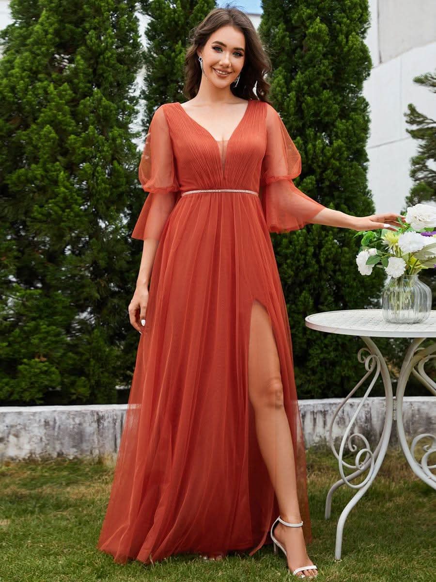 Lantern Long Sleeve Split Maxi Bridesmaid Dresses #color_Burnt Orange