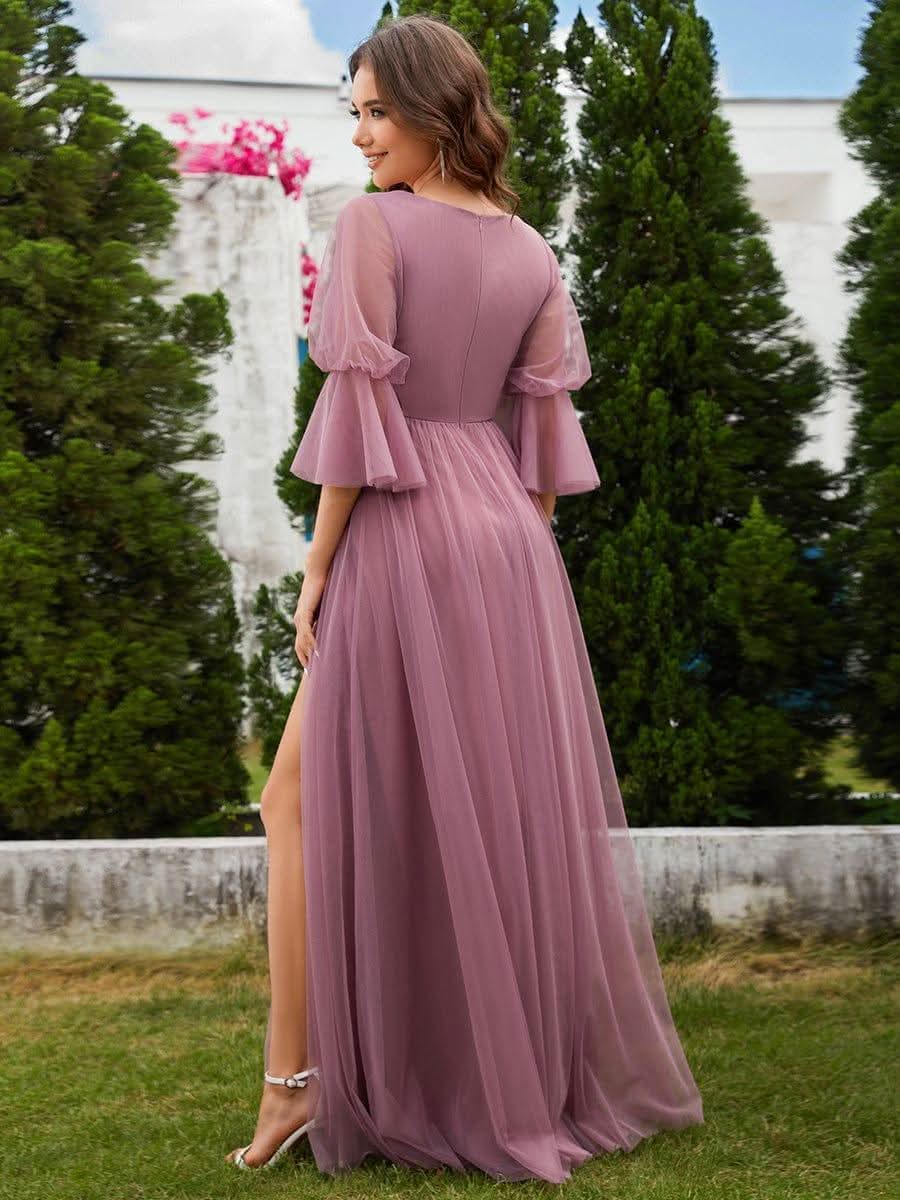 Lantern Long Sleeve Split Maxi Bridesmaid Dresses #color_Purple Orchid