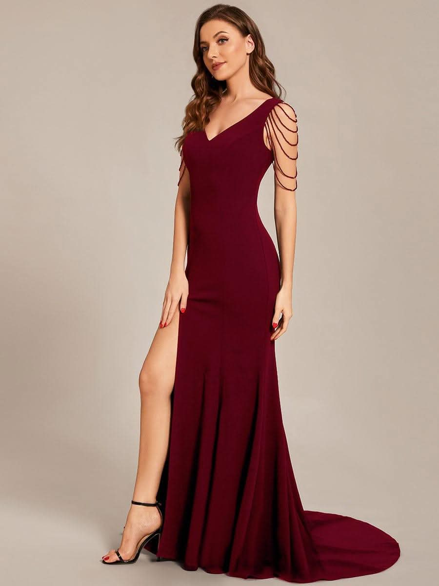 Sleeveless with Chain Bodycon Mermaid High Slit Formal Evening Dress #color_Burgundy