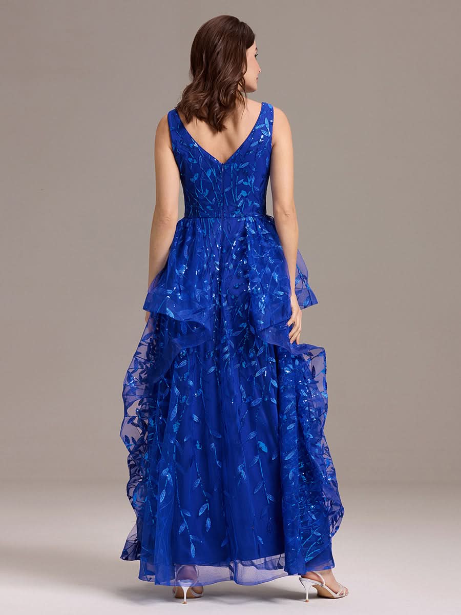 Double V-Neck A-Line Layered Sequin Formal Dress #color_Sapphire Blue