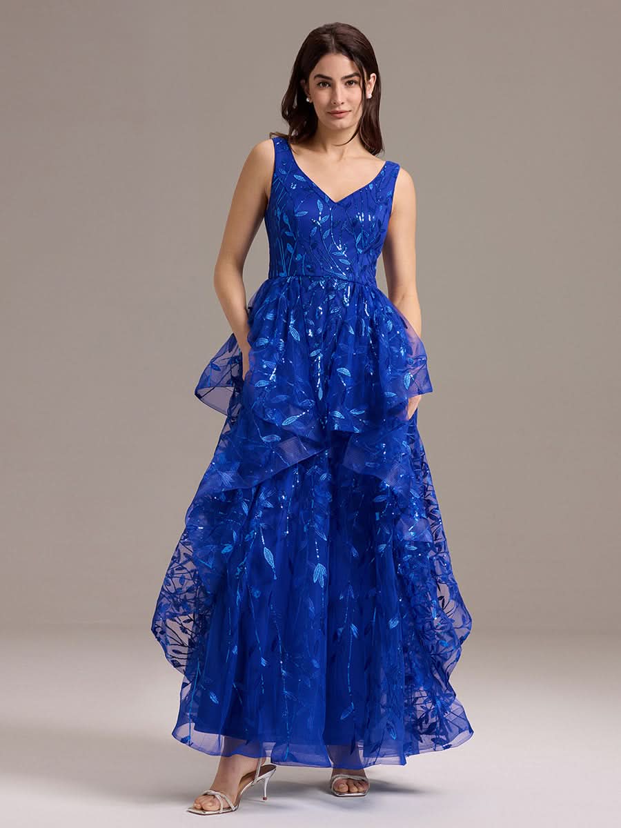 Double V-Neck A-Line Layered Sequin Formal Dress #color_Sapphire Blue