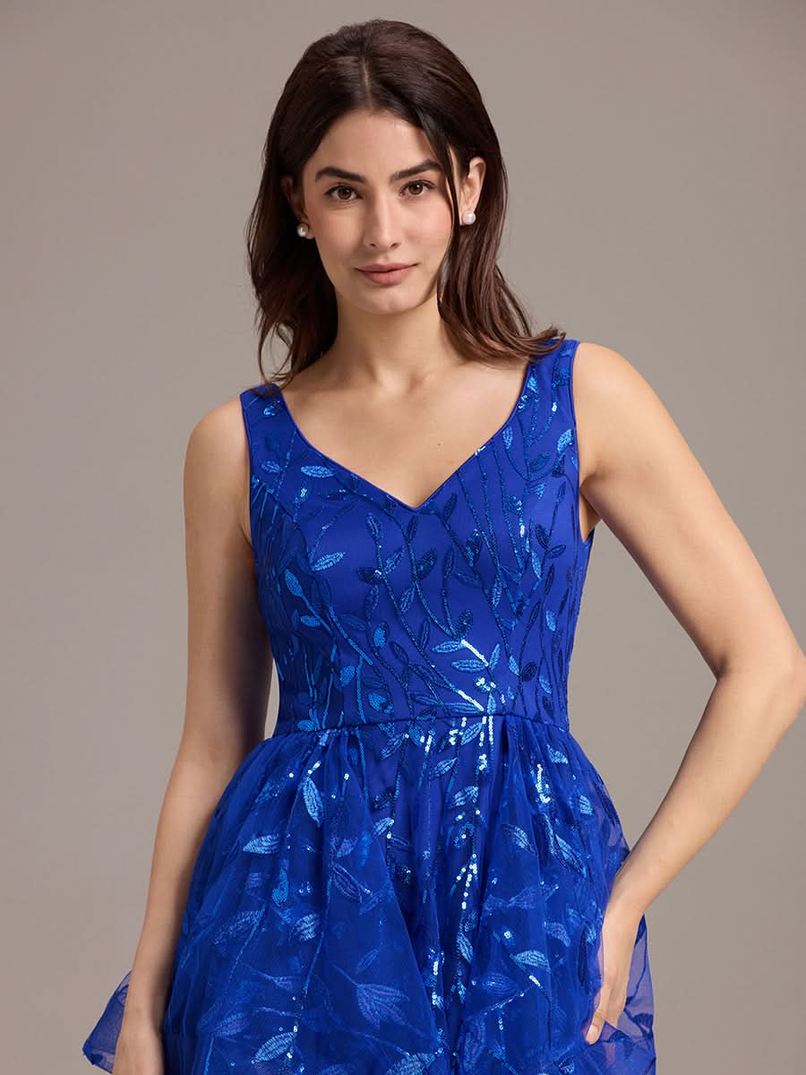 Double V-Neck A-Line Layered Sequin Formal Dress #color_Sapphire Blue