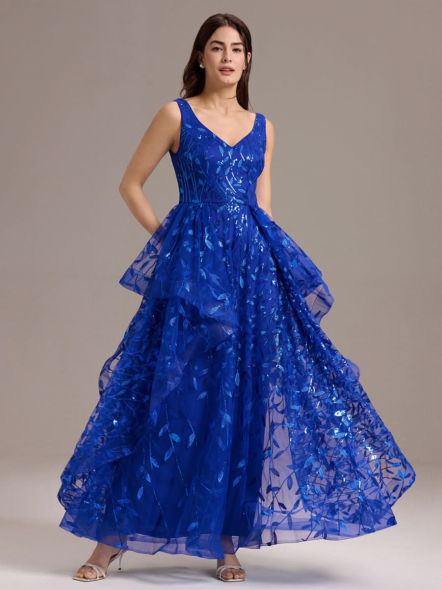 Double V-Neck A-Line Layered Sequin Formal Dress #color_Sapphire Blue