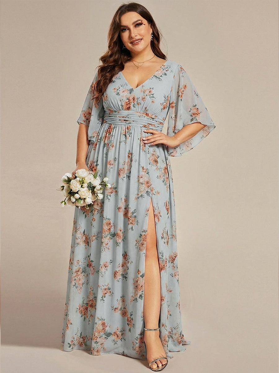 Half Sleeve V-Neck Pleated High Slit A-Line Chiffon Bridesmaid Dress #color_Amber Bloom