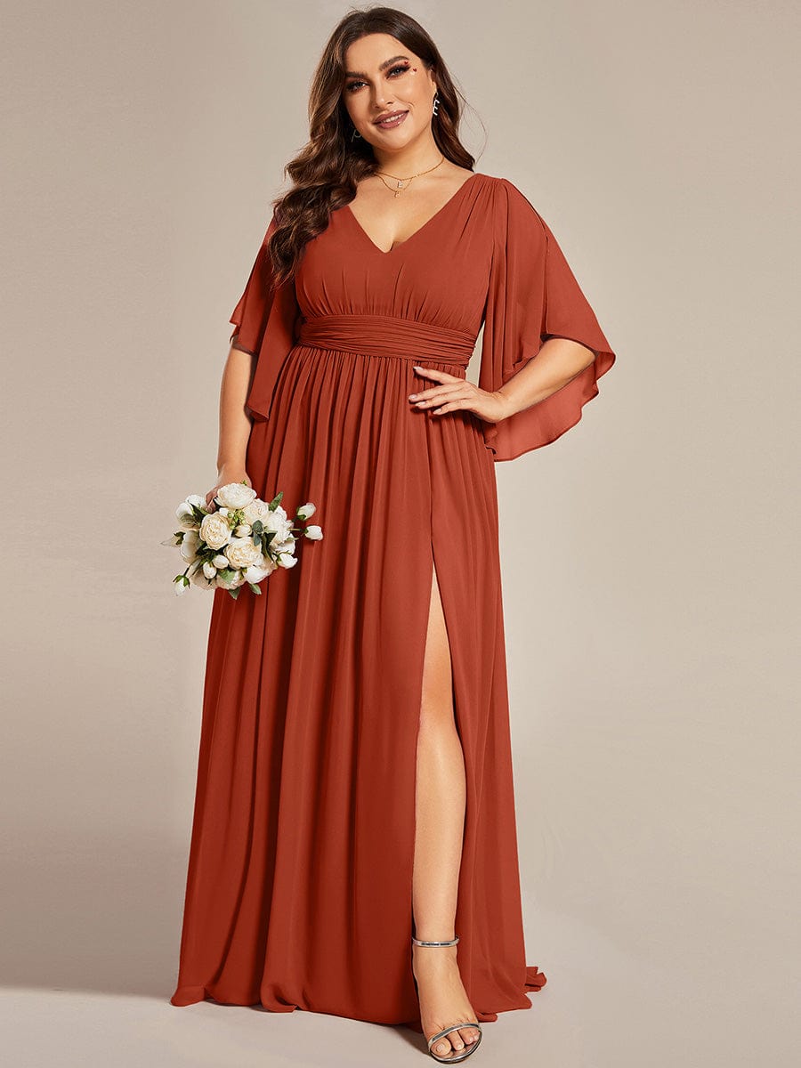 Half Sleeve V-Neck Pleated High Slit A-Line Chiffon Bridesmaid Dress #color_Burnt Orange