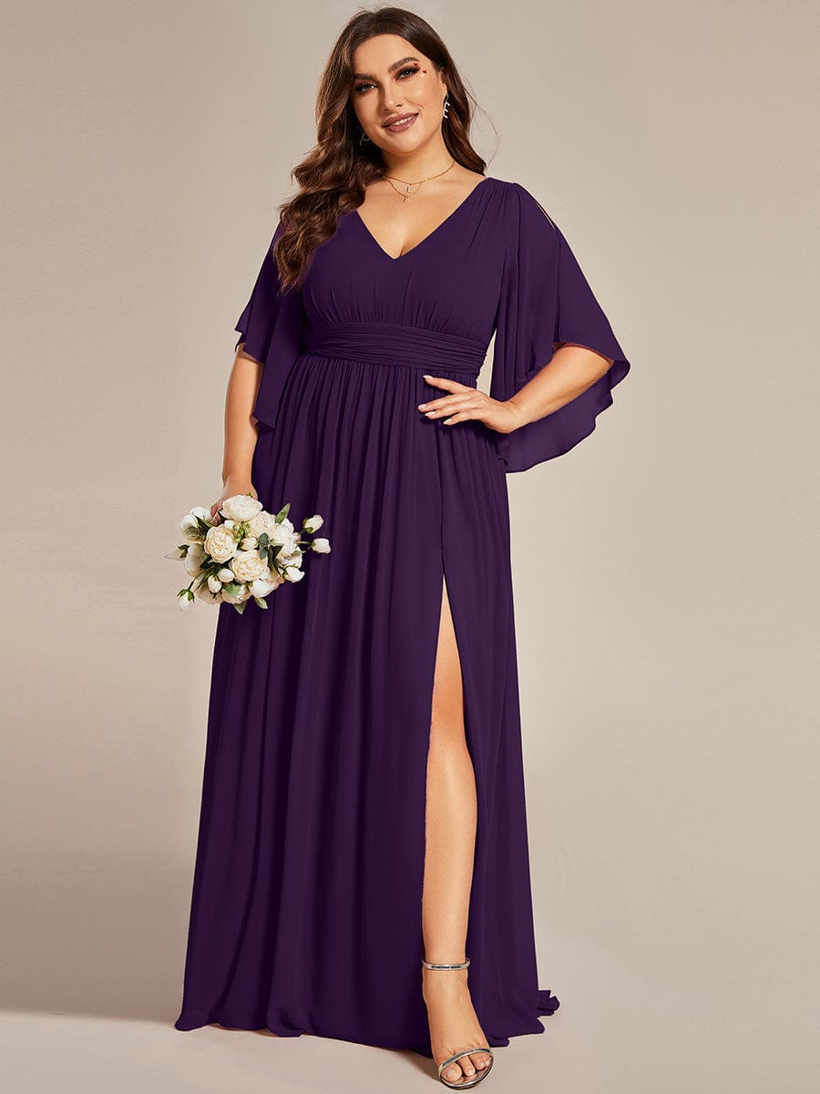 Half Sleeve V-Neck Pleated High Slit A-Line Chiffon Bridesmaid Dress #color_Dark Purple