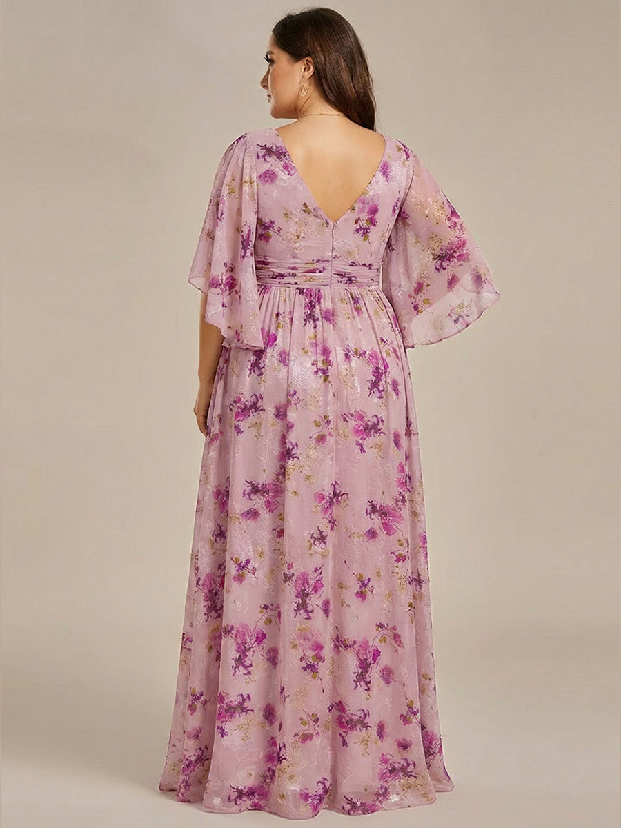 Half Sleeve V-Neck Pleated High Slit A-Line Chiffon Bridesmaid Dress #color_Light Purple Print