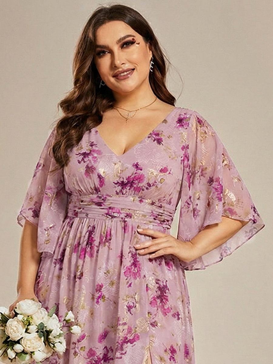 Half Sleeve V-Neck Pleated High Slit A-Line Chiffon Bridesmaid Dress #color_Light Purple Print