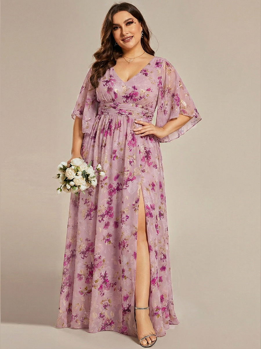 Half Sleeve V-Neck Pleated High Slit A-Line Chiffon Bridesmaid Dress #color_Light Purple Print