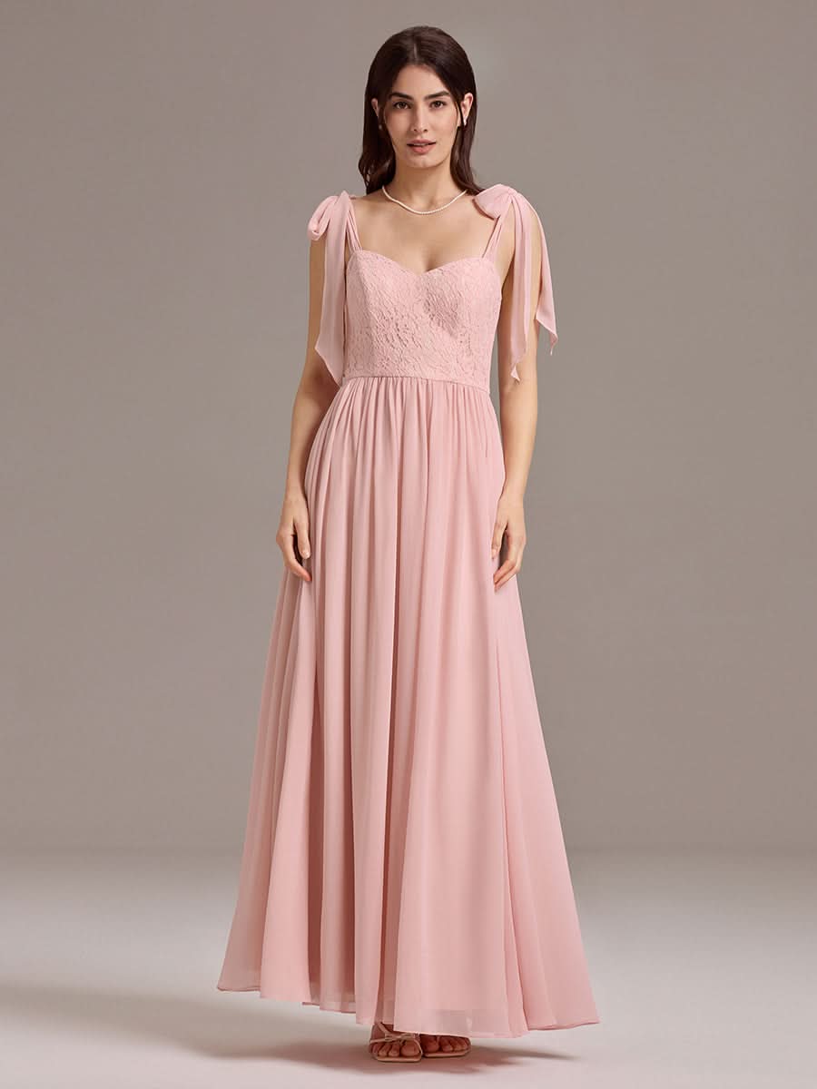 Chiffon Sweetheart Neck Bow Tie Backless A-Line Lace Bridesmaid Dress #color_Pink