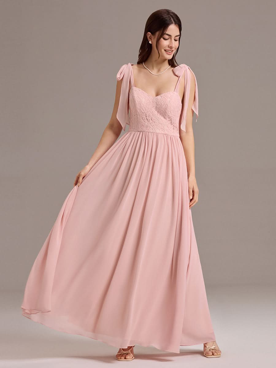 Chiffon Sweetheart Neck Bow Tie Backless A-Line Lace Bridesmaid Dress #color_Pink
