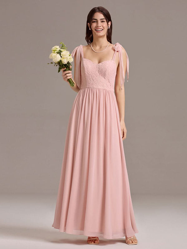 Chiffon Sweetheart Neck Bow Tie Backless A-Line Lace Bridesmaid Dress #color_Pink Chiffon Sweetheart Neck Bow Tie Backless A-Line Lace Bridesmaid Dress
