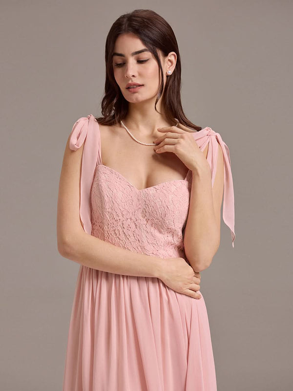 Chiffon Sweetheart Neck Bow Tie Backless A-Line Lace Bridesmaid Dress #color_Pink Chiffon Sweetheart Neck Bow Tie Backless A-Line Lace Bridesmaid Dress