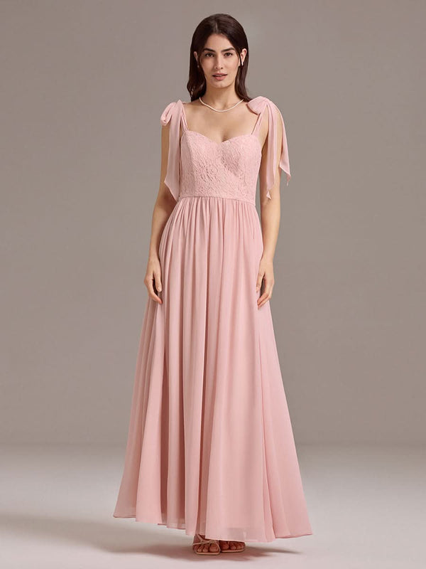 Chiffon Sweetheart Neck Bow Tie Backless A-Line Lace Bridesmaid Dress #color_Pink Chiffon Sweetheart Neck Bow Tie Backless A-Line Lace Bridesmaid Dress