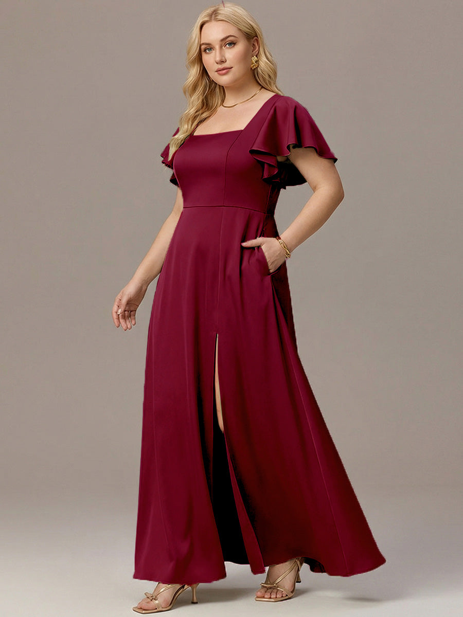 Satin Square Neck Short Sleeve Ruffled Maxi Bridesmaid Dress #color_Burgundy