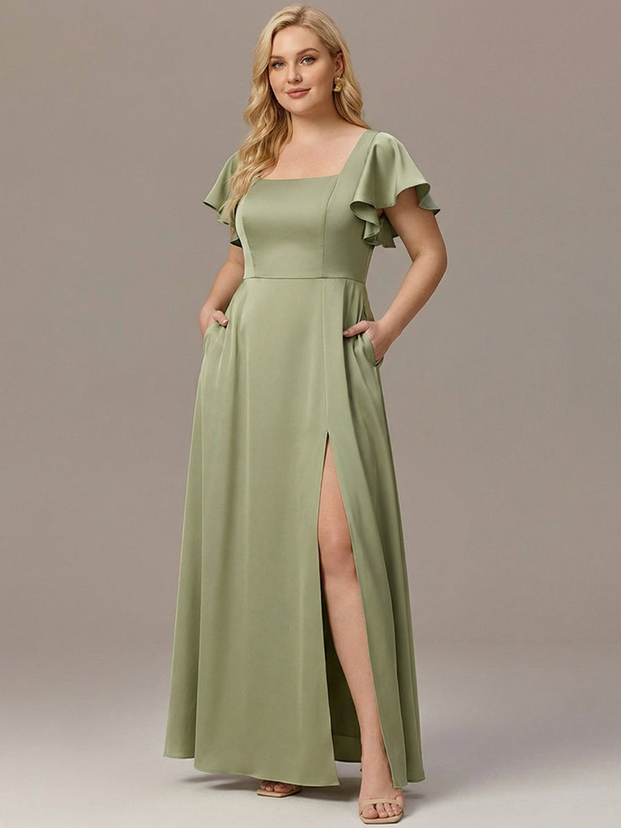 Satin Square Neck Short Sleeve Ruffled Maxi Bridesmaid Dress #color_Sage Green