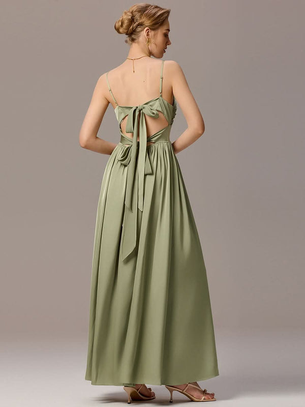 Satin Pleated Back-Tie Sleeveless Maxi Bridesmaid Dress #color_Sage Green Satin Pleated Back-Tie Sleeveless Maxi Bridesmaid Dress