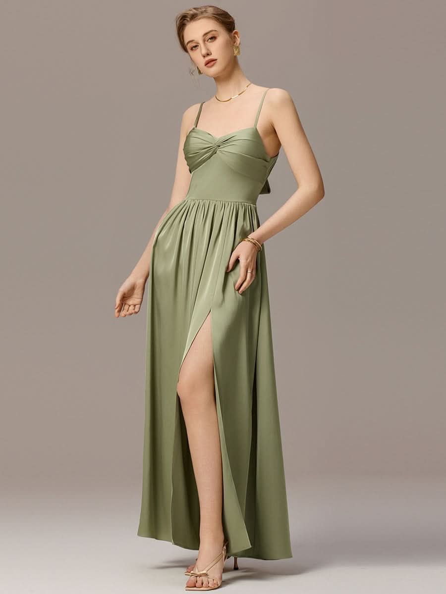 Satin Pleated Back-Tie Sleeveless Maxi Bridesmaid Dress #color_Sage Green