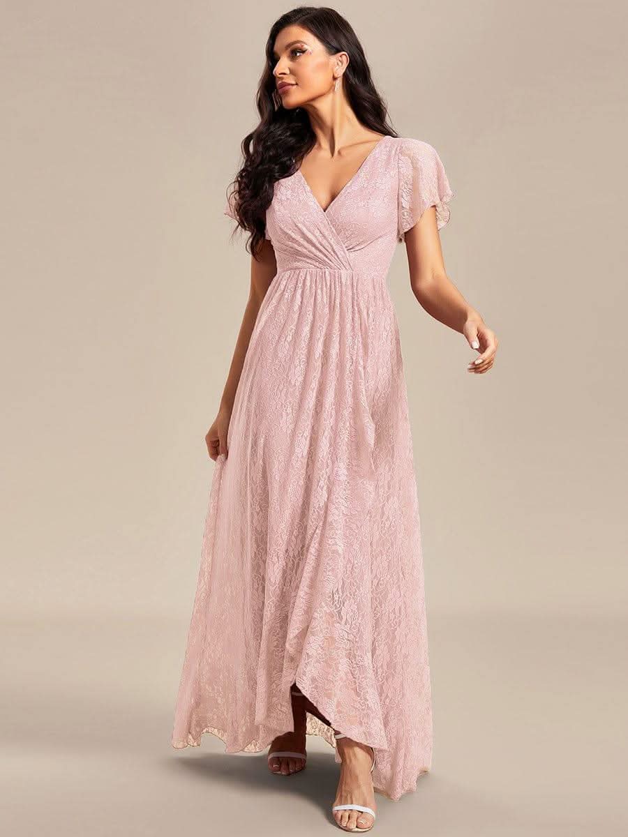 Pleated V-Neck Short Sleeve Ruffled Lace Evening Dress #color_Pink