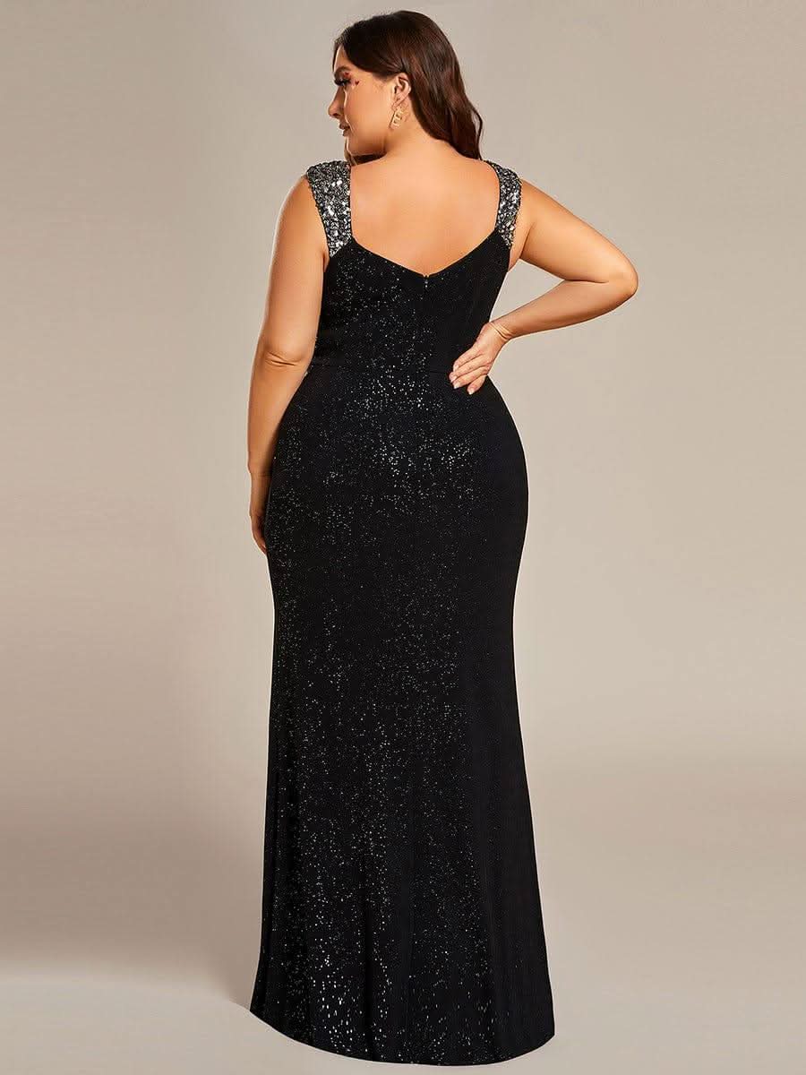 Glitter V-Neck High Slit Sequin Shoulder Strap Wedding Guest Dress #color_Black