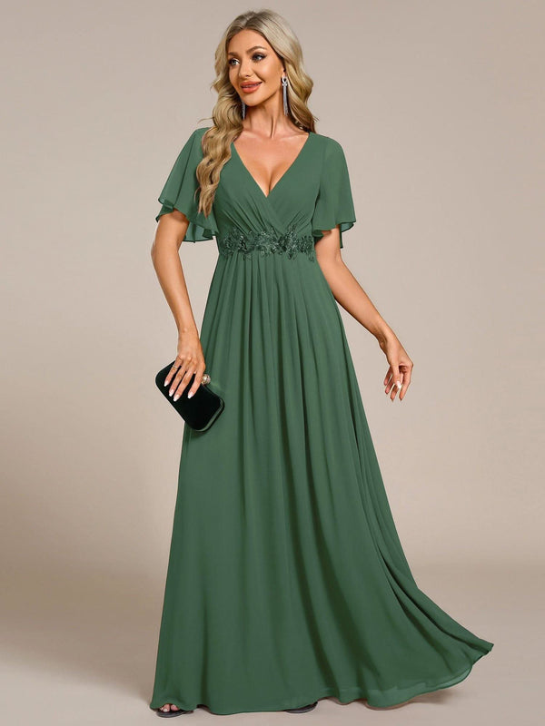 Ruffles Sleeve A-Line Chiffon Waist Applique Maxi Evening Dress #color_Dusty Blue ever IVYROSE|Ruffles Sleeve A-Line Chiffon Waist Applique Maxi Wedding Guest Dress