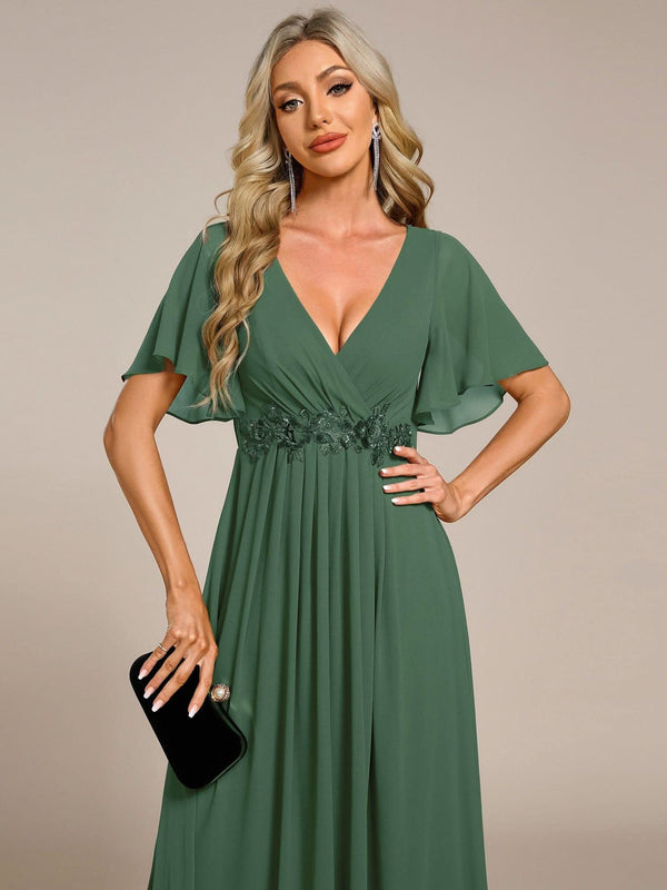 Ruffles Sleeve A-Line Chiffon Waist Applique Maxi Evening Dress #color_Dusty Blue ever IVYROSE|Ruffles Sleeve A-Line Chiffon Waist Applique Maxi Wedding Guest Dress