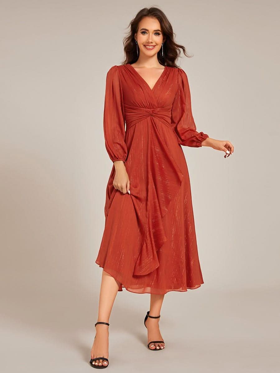 Glitter Twist Knot See-Through Long Sleeve Wedding Guest Dress #color_Burnt Orange