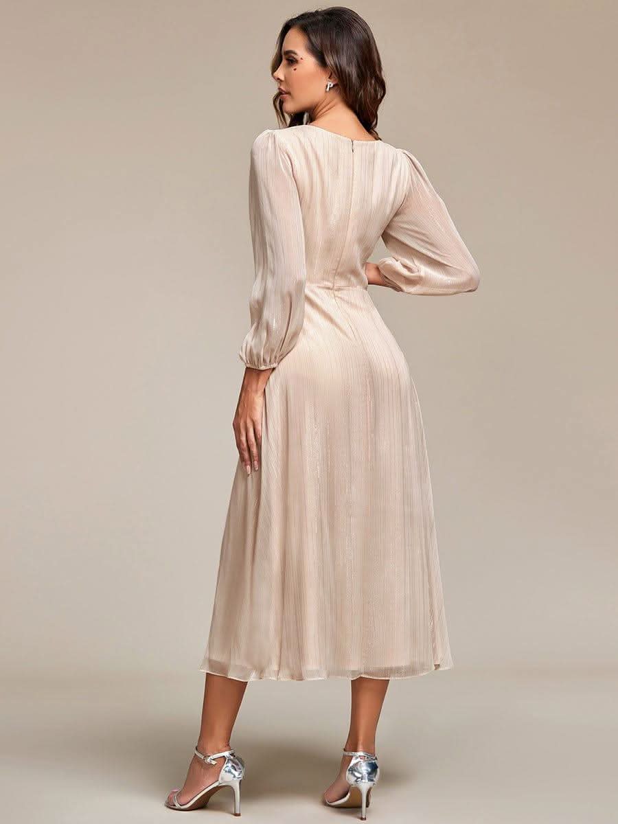 Glitter Twist Knot See-Through Long Sleeve Wedding Guest Dress #color_Champagne