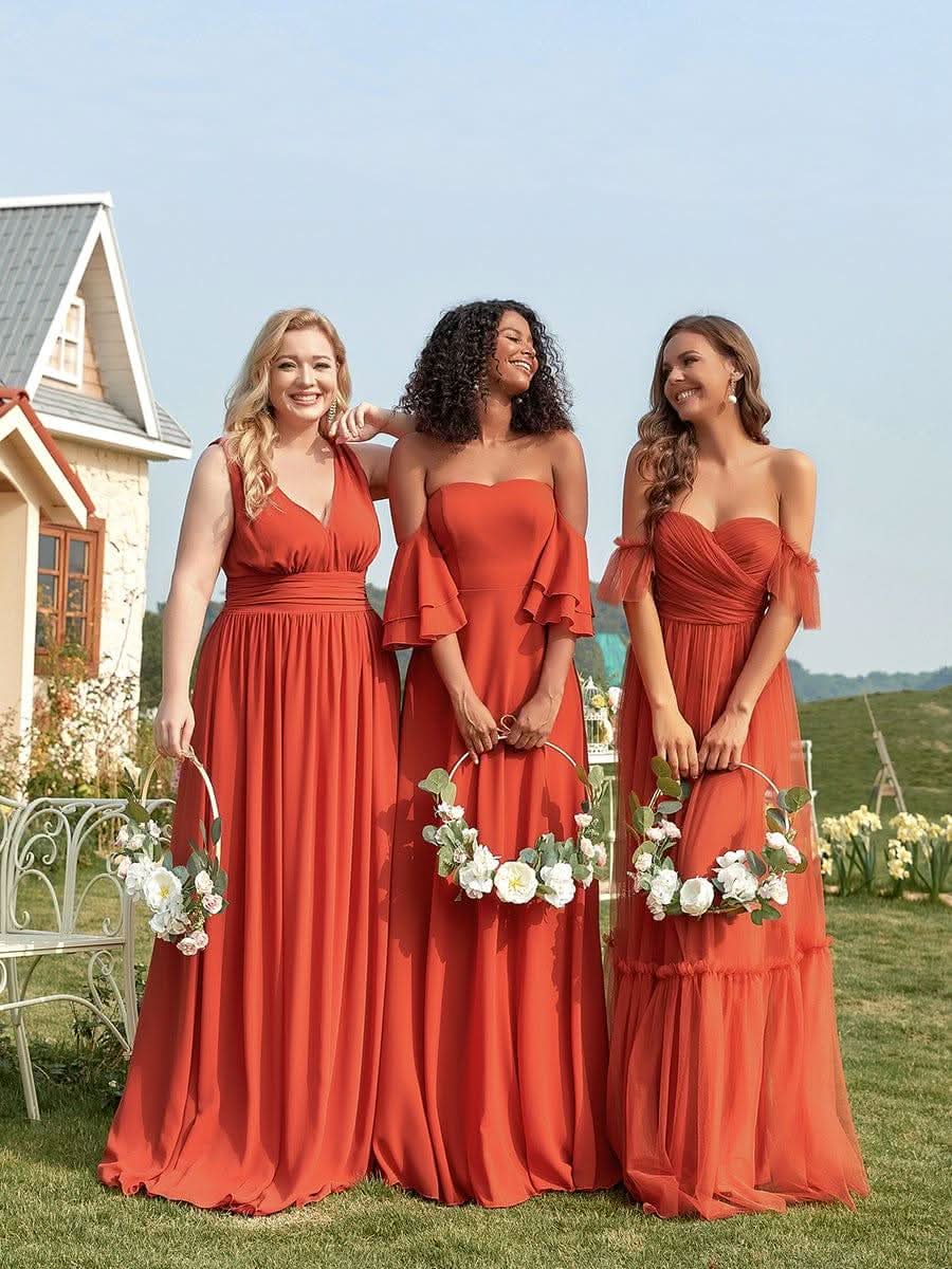 Off-Shoulder Sweetheart Double Layer Pleated Evening Dress #color_Burnt Orange