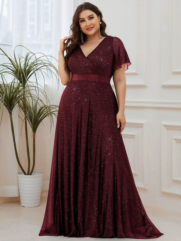 Sparkling Short Sleeve V-Neck Ribbon Waist A-Line Evening Dress #color_Burgundy ever LIOR¨¦|Glitter Short Sleeve V-Neck A-Line Wedding Guest Dress