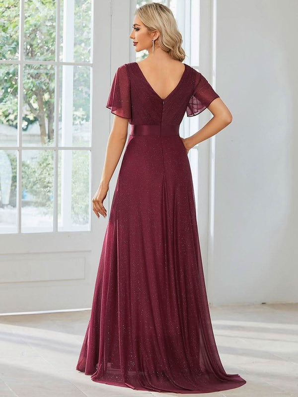 Sparkling Short Sleeve V-Neck Ribbon Waist A-Line Evening Dress #color_Burgundy ever LIOR¨¦|Glitter Short Sleeve V-Neck A-Line Wedding Guest Dress