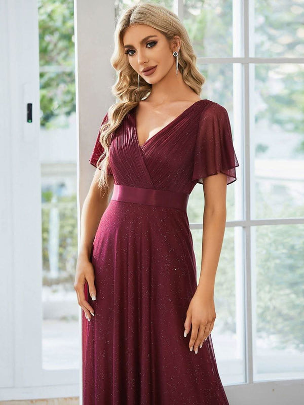 Sparkling Short Sleeve V-Neck Ribbon Waist A-Line Evening Dress #color_Burgundy ever LIOR¨¦|Glitter Short Sleeve V-Neck A-Line Wedding Guest Dress