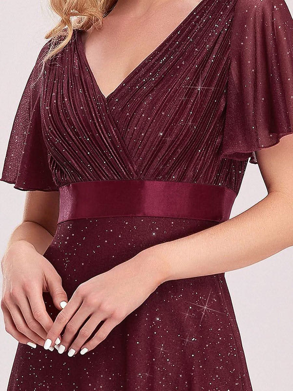 Sparkling Short Sleeve V-Neck Ribbon Waist A-Line Evening Dress #color_Burgundy ever LIOR¨¦|Glitter Short Sleeve V-Neck A-Line Wedding Guest Dress