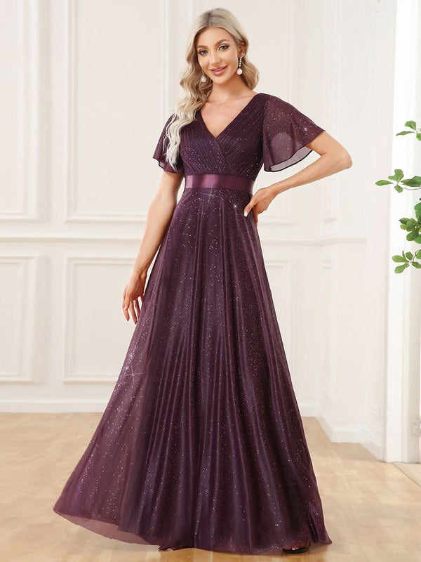 Sparkling Short Sleeve V-Neck Ribbon Waist A-Line Evening Dress #color_Burgundy ever LIOR¨¦|Glitter Short Sleeve V-Neck A-Line Wedding Guest Dress