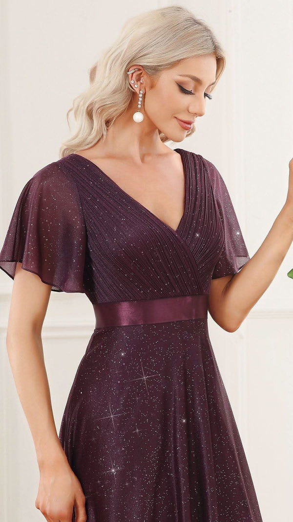 Sparkling Short Sleeve V-Neck Ribbon Waist A-Line Evening Dress #color_Burgundy ever LIOR¨¦|Glitter Short Sleeve V-Neck A-Line Wedding Guest Dress